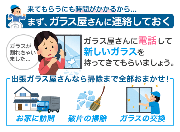 まずはガラス屋さんに連絡をして新しいガラスを持ってきてもらいましょう。