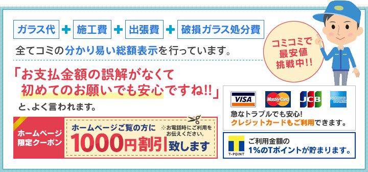 ガラス代+施工費+出張費+破損ガラス処分費 全てコミの分かり易い総額表示を行っています。
