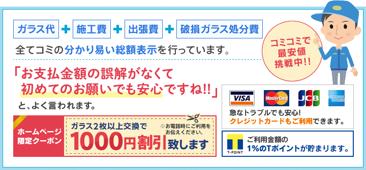 ガラス代+施工費+出張費+破損ガラス処分費 全てコミの分かり易い総額表示を行っています。